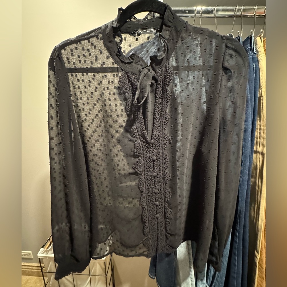 Zara Black Textured Sheer Top